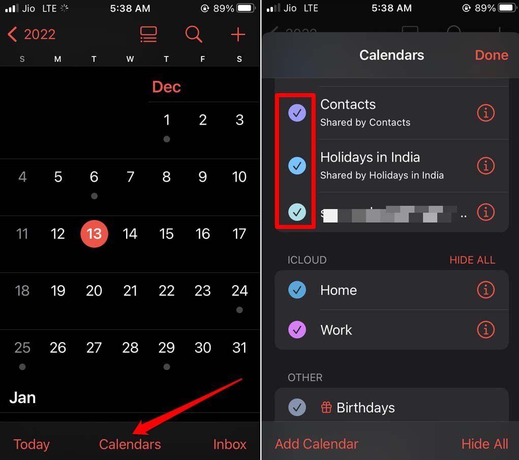 Список календарей в iOS с отмеченными группами
