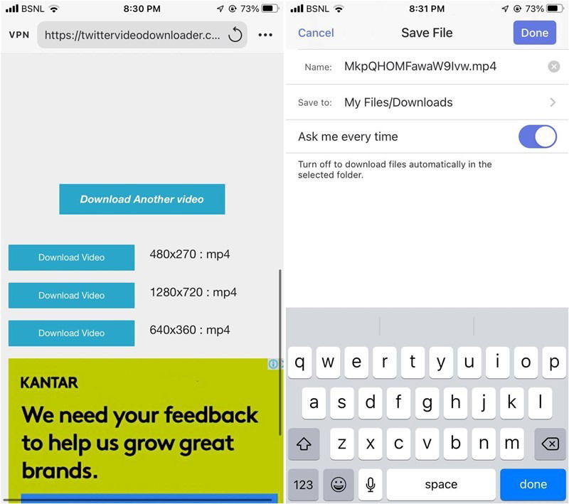 Выбор качества и сохранение видео через Documents