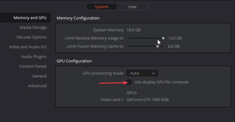 Настройки GPU — выбор режима обработки