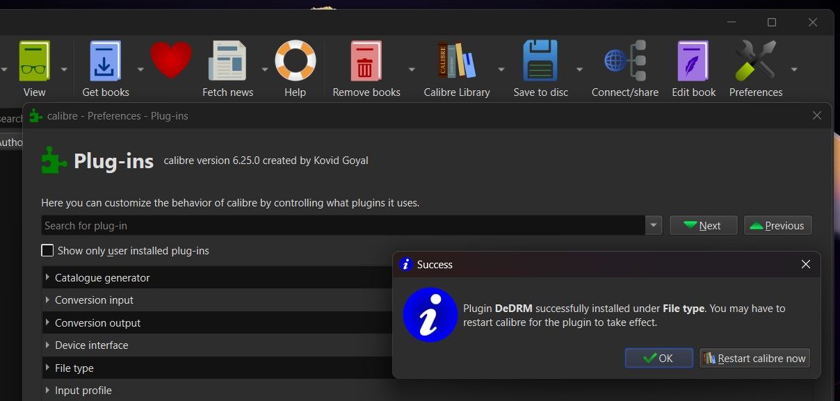 Calibre's Success Message for Installing DeDRM Plug-In