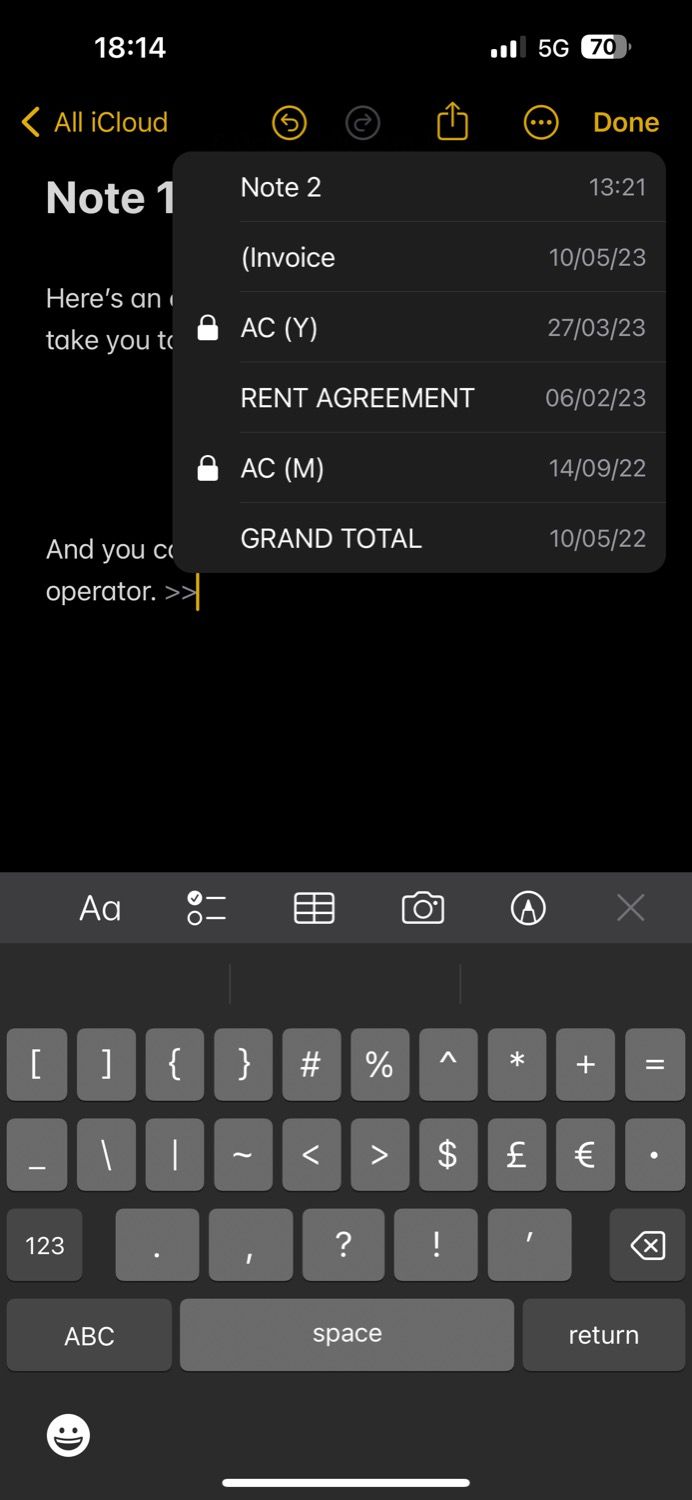использование оператора для ссылки на заметку в Apple Notes