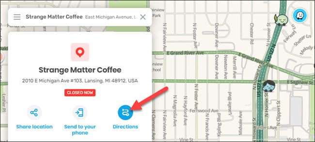 Окно с деталями места и кнопкой Directions