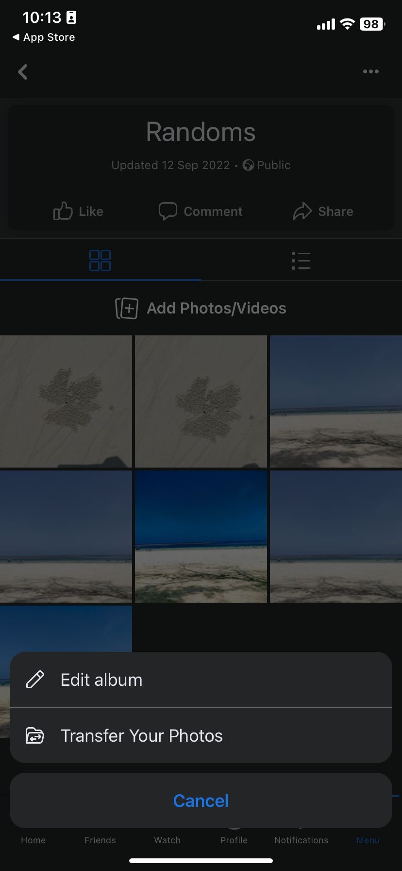 Опция редактирования альбома на Facebook
