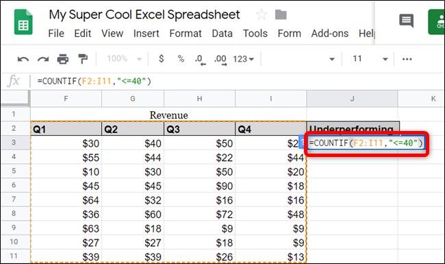 Кликните пустую ячейку и введите функцию COUNTIF с диапазоном и условием.