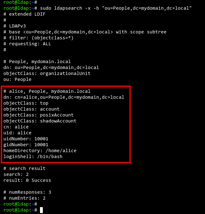 Скриншот вывода ldapsearch со списком пользователей OpenLDAP