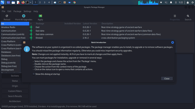 Главное окно Synaptic после установки