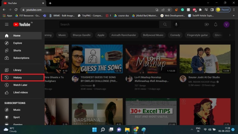 opção de histórico no menu lateral do youtube