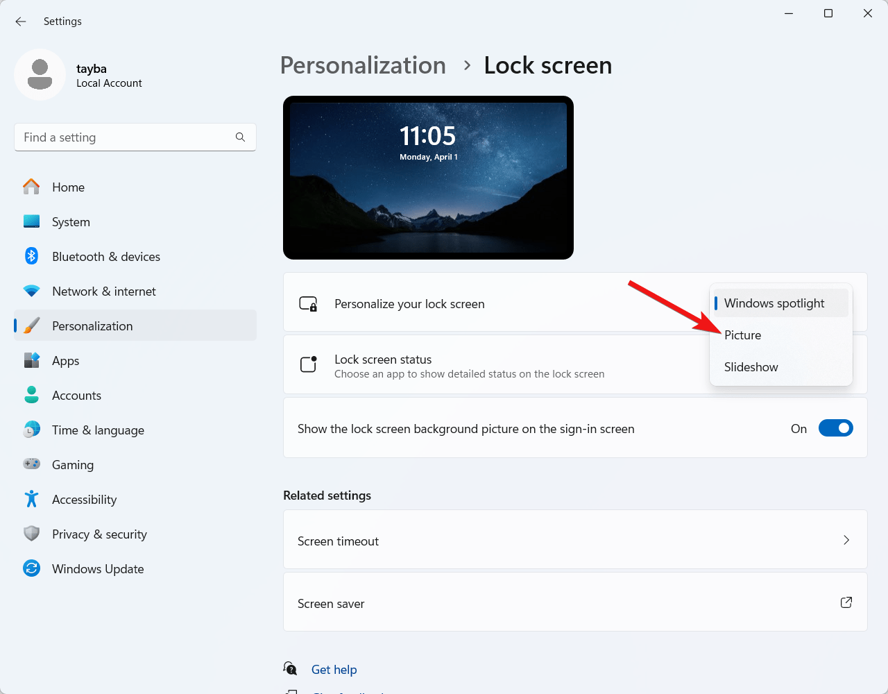 Выберите Картинка в настройках экрана блокировки