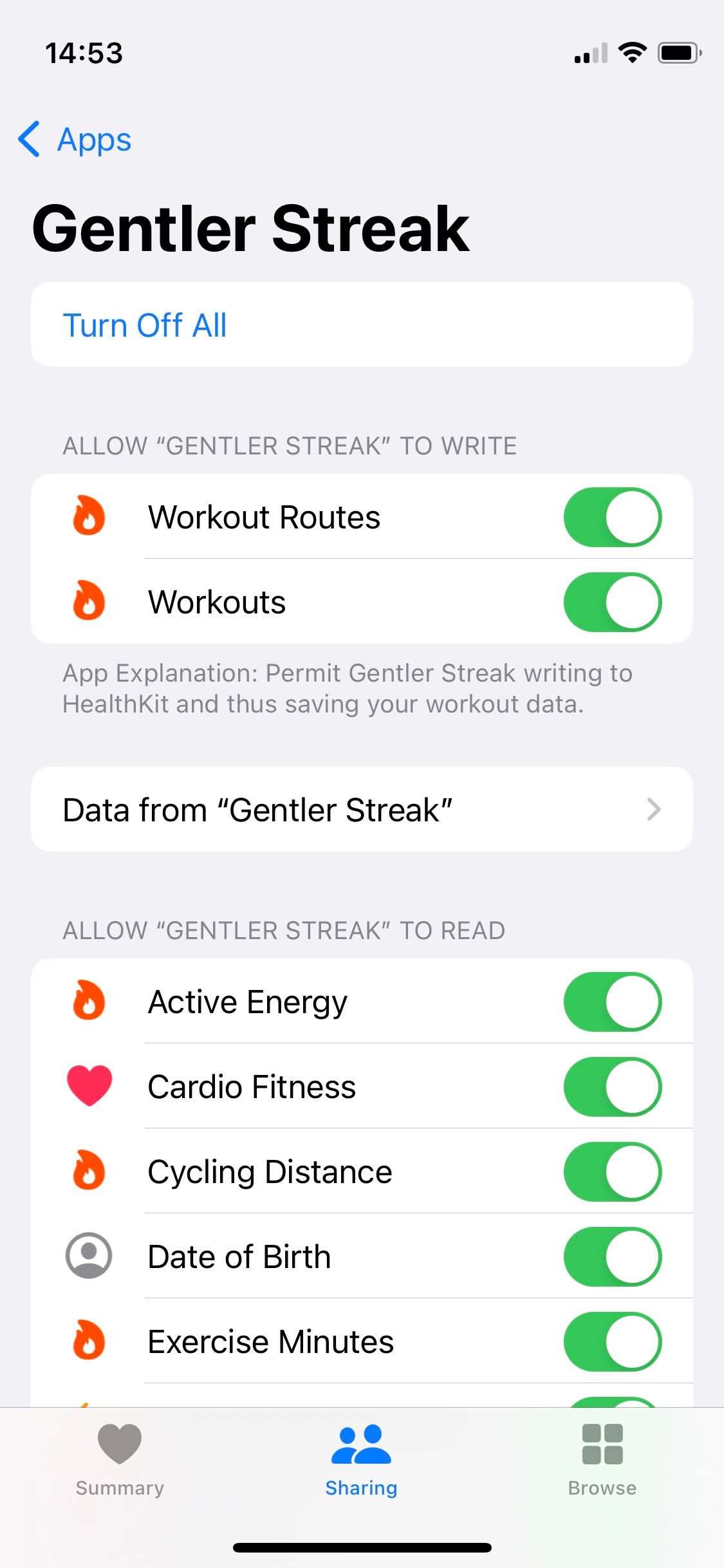 Скриншот разрешений Gentler Streak в Apple Health