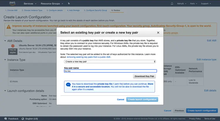 Выбор key pair для доступа по SSH
