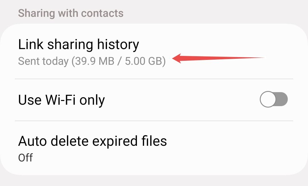 Link Sharing History menu on Samsung