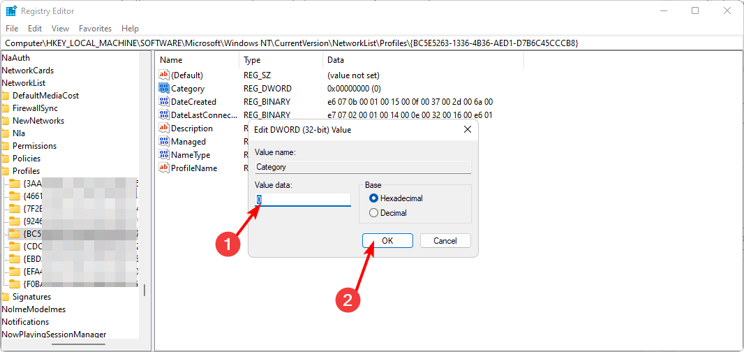 Изменение значения Category в реестре для сетевого профиля