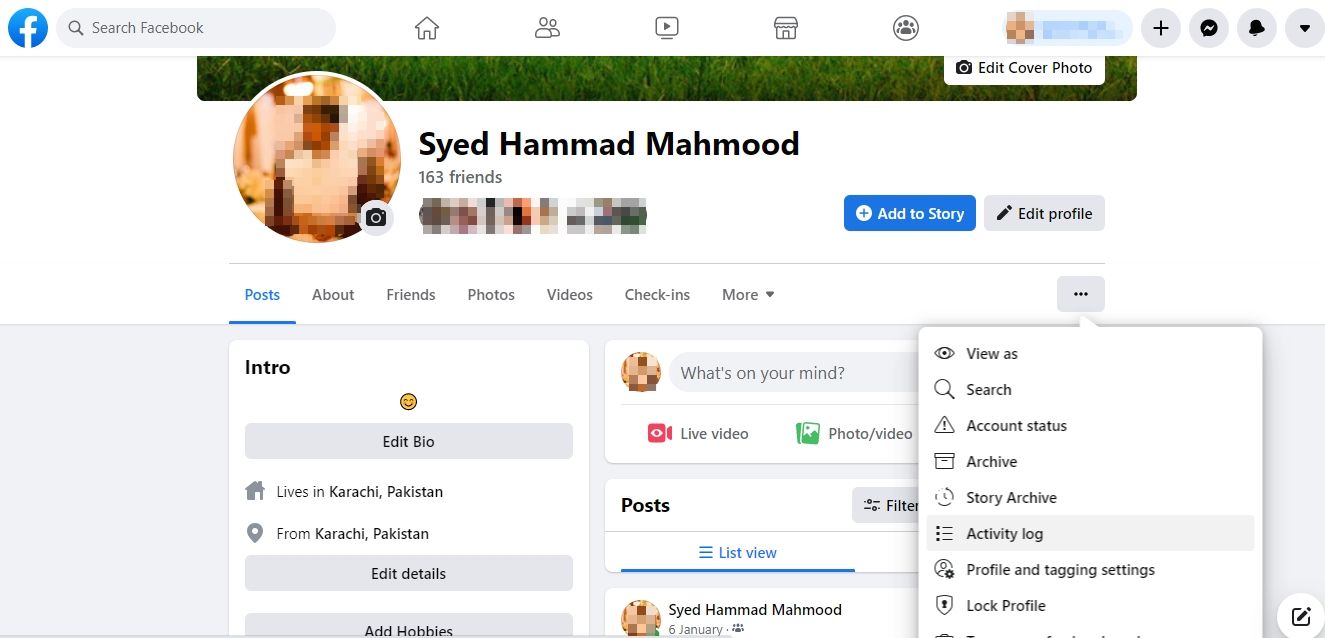 Журнал активности профиля Facebook, пункт меню выделен