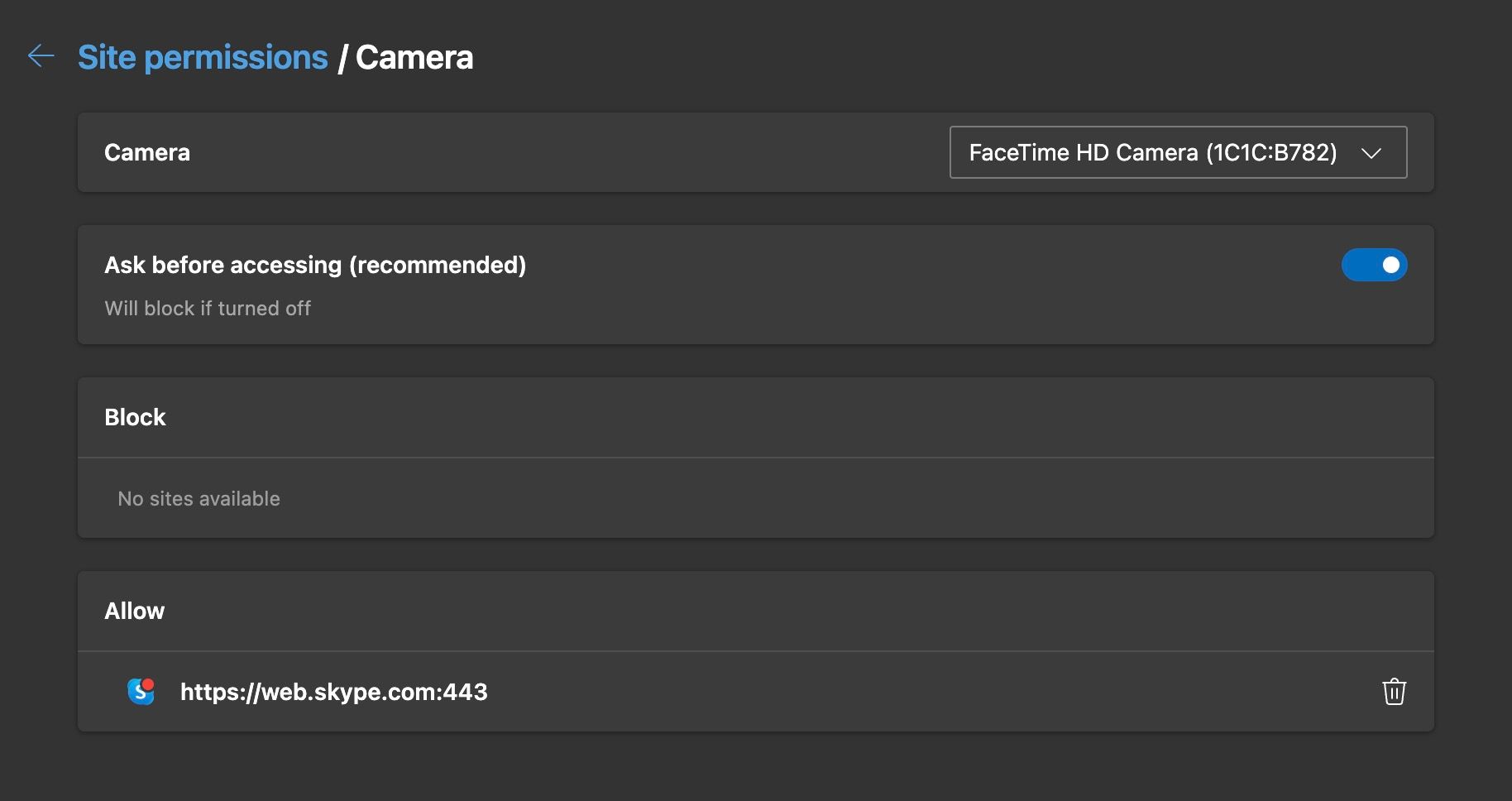 Настройки доступа к камере в Edge