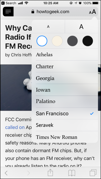 Меню настройки шрифта и фона в режиме чтения на iPhone