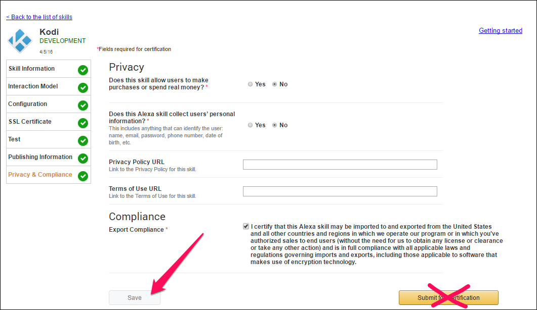 Завершение настройки Skill в разработке