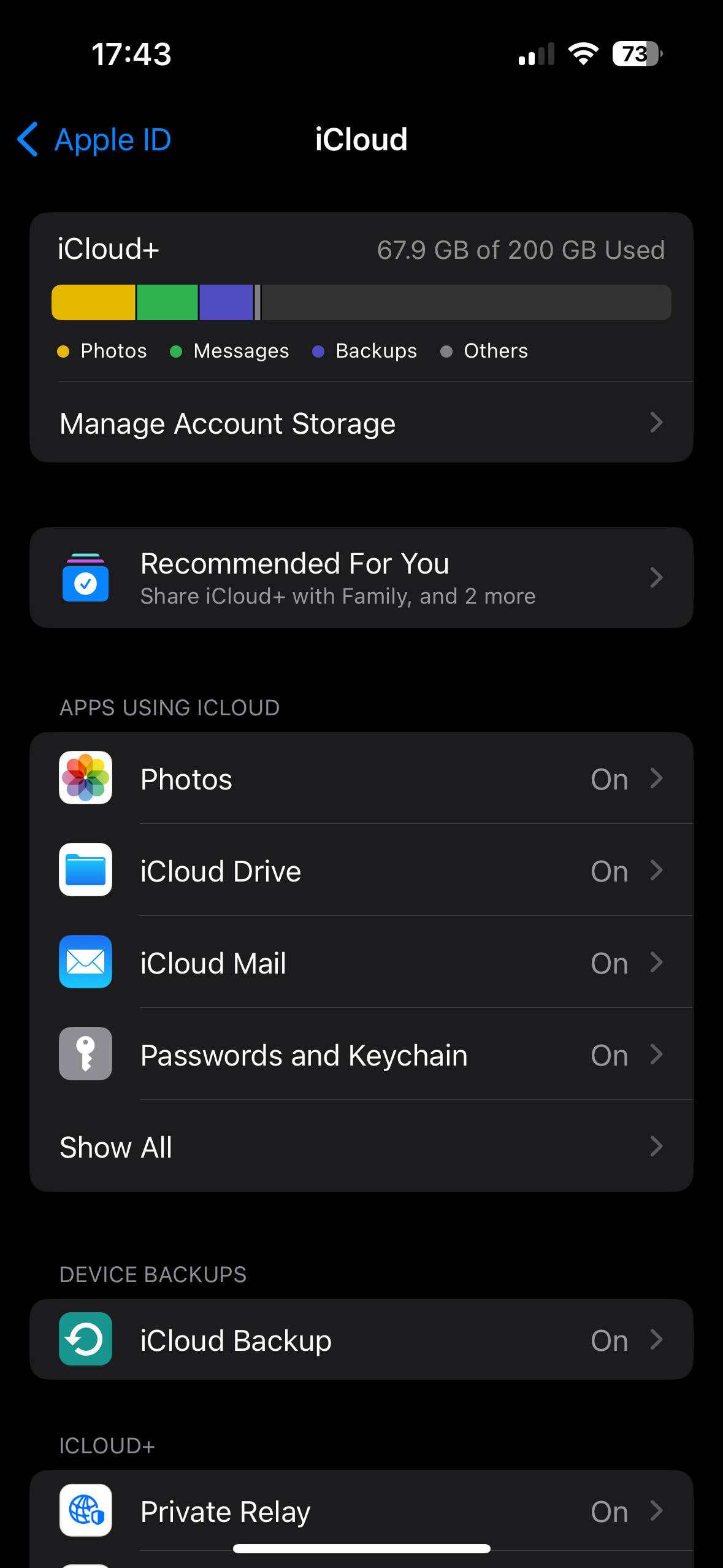 Статус iCloud и используемое пространство