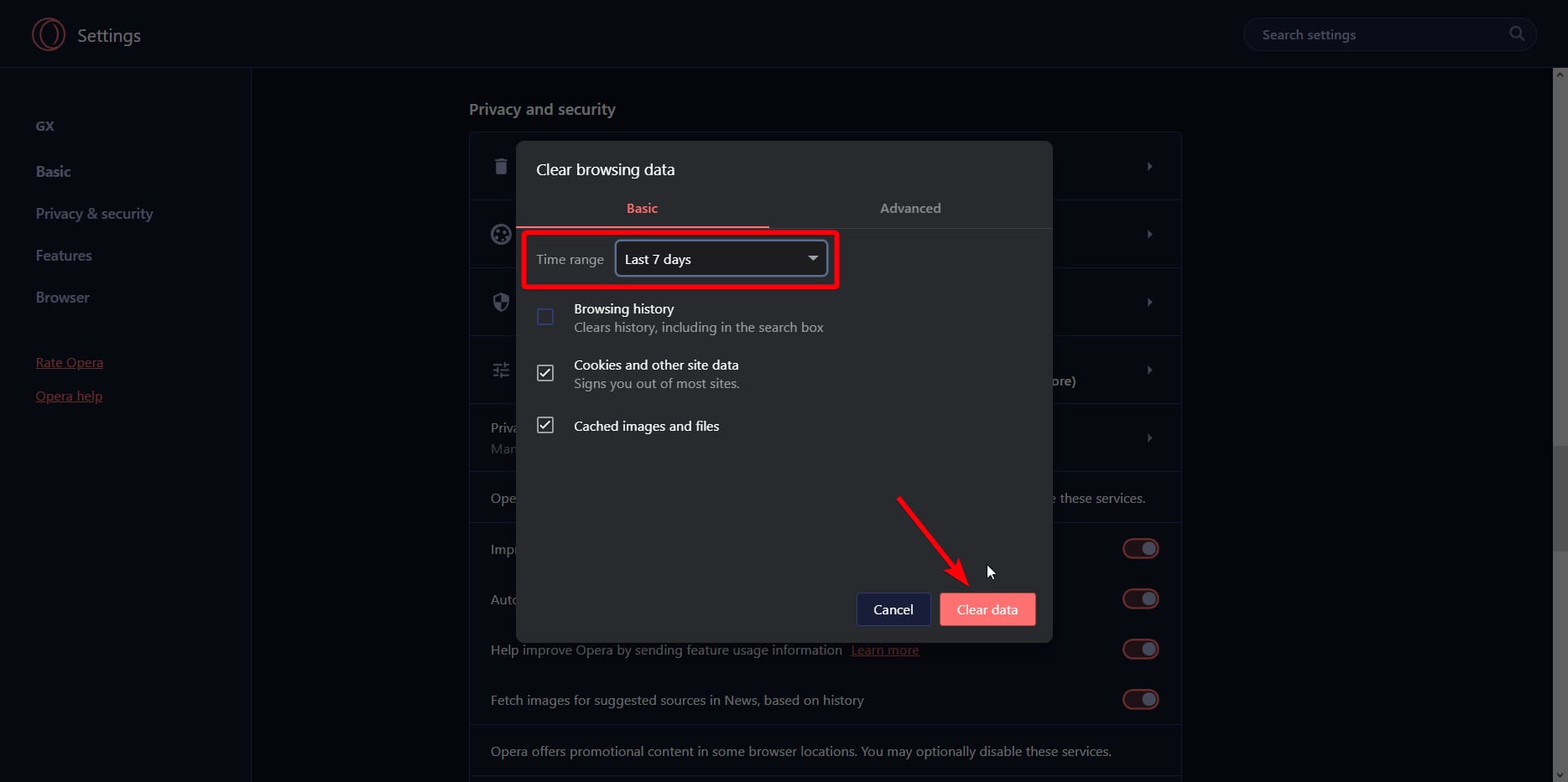 Выбор опций для очистки кэша в Opera GX