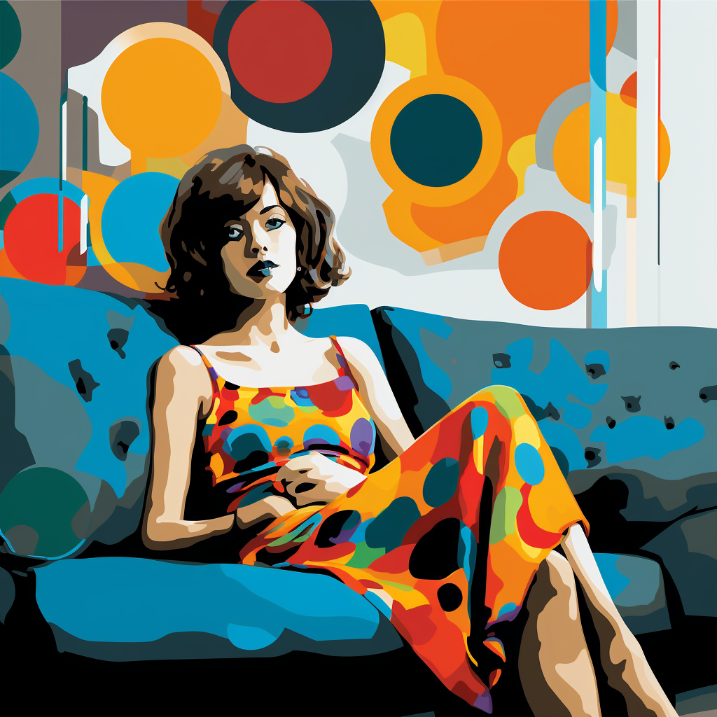 Поп-арт: женщина сидит на диване, сгенерировано в MidJourney.