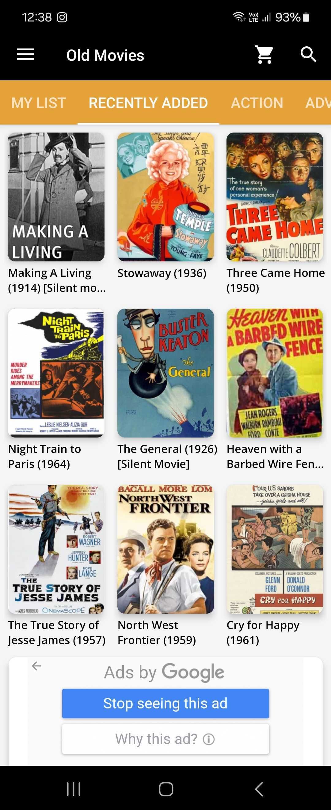 Каталог приложения Old Movies Hollywood Classics с обложками фильмов классической эпохи Голливуда.