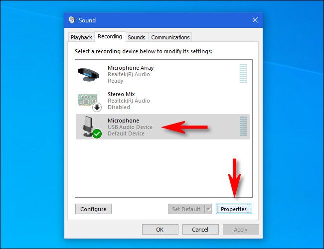 Выберите микрофон из списка устройств записи и нажмите «Свойства».