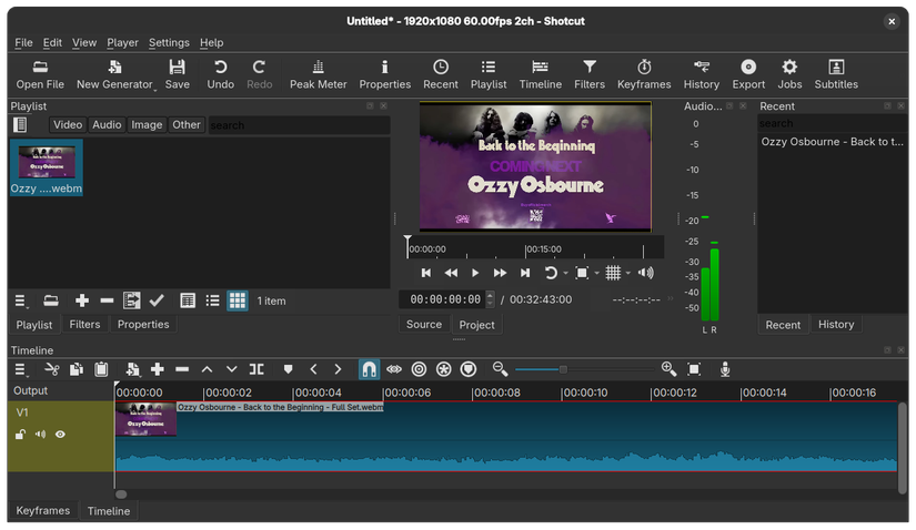 Shotcut con l'interfaccia di editing video e timeline visibile.