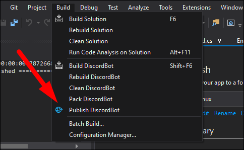 Опция Publish в Visual Studio, пример экрана выбора публикации решения.
