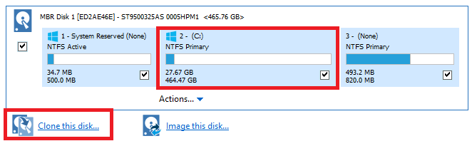 Список дисков и разделов в Macrium Reflect с выделенным диском C: