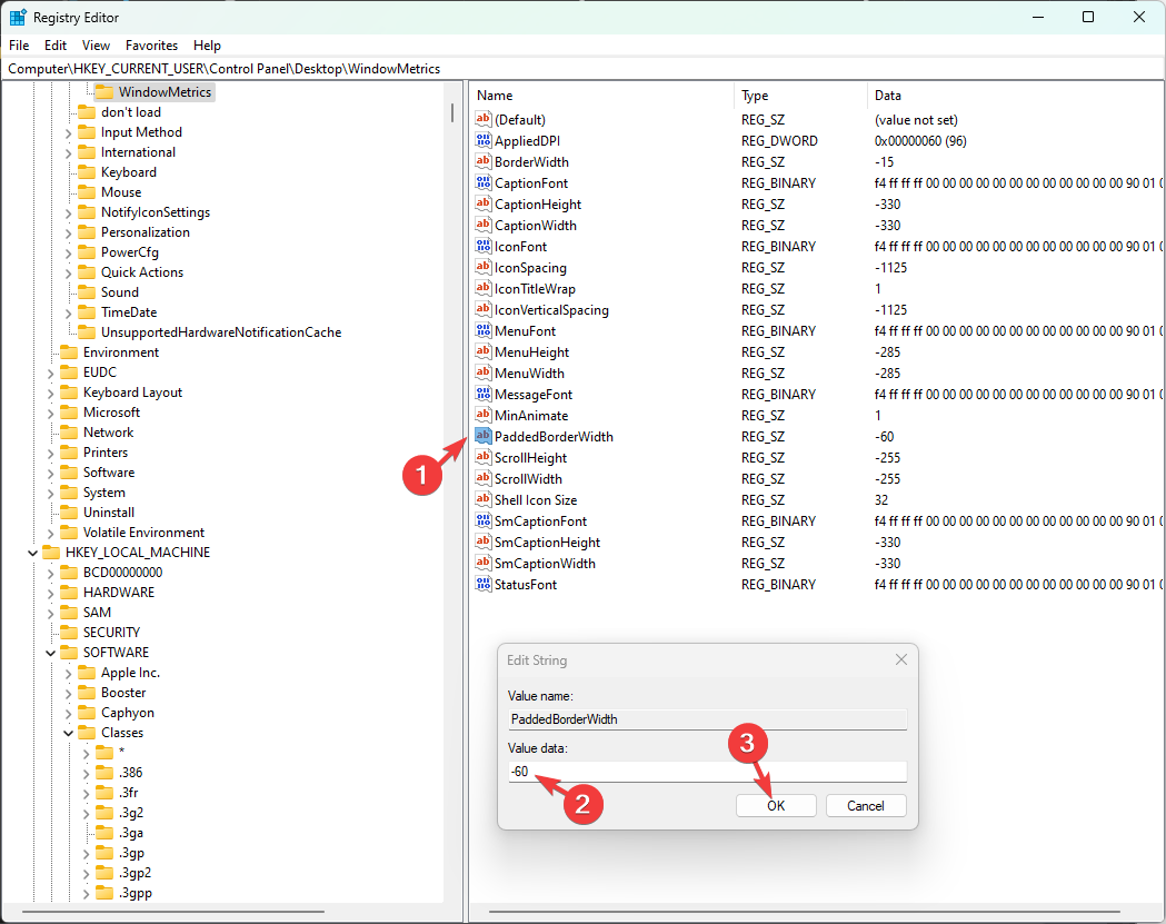 Параметр PaddedBorderWidth в редакторе реестра