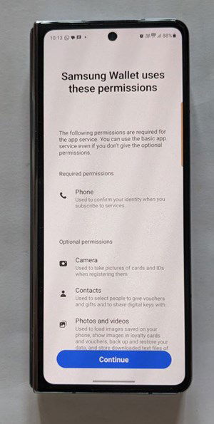 Granting permissions in Samsung Wallet app.