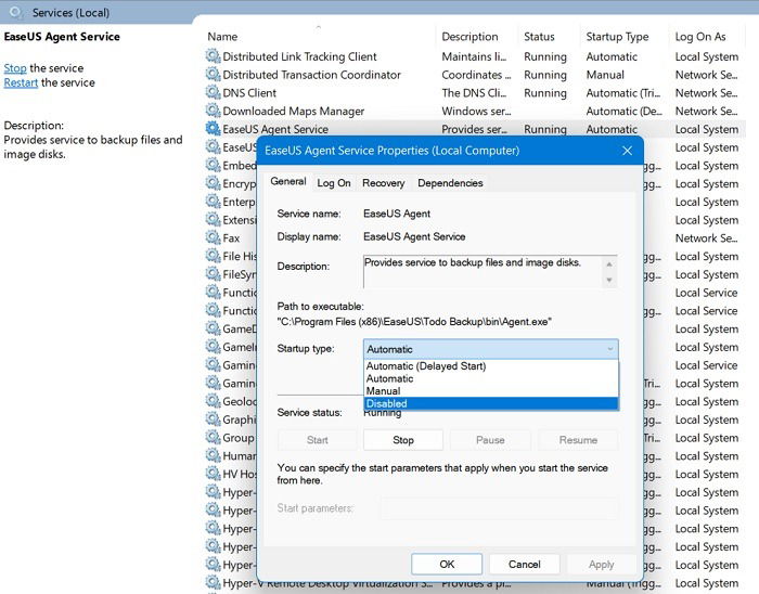 Отключение лишней службы в свойствах службы
