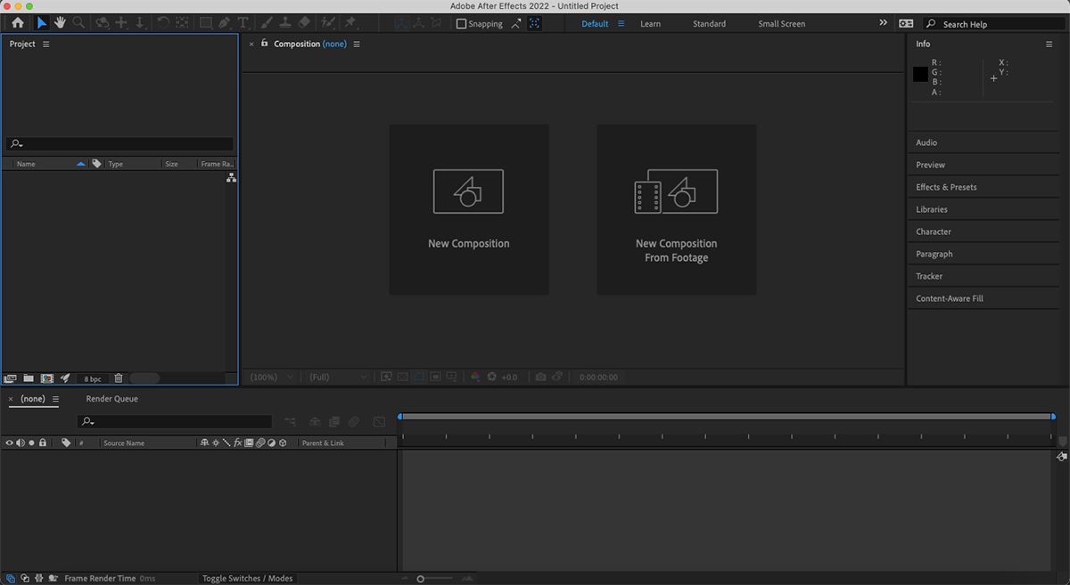 Домашний экран After Effects.
