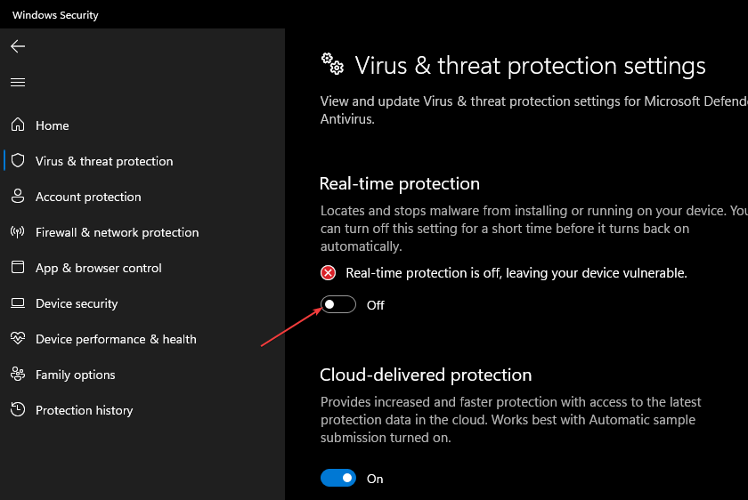 Скрин: переключатель Защита в реальном времени, выключен