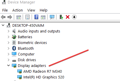 Диспетчер устройств — раскрытие раздела «Видеоадаптеры»