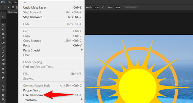 Выберите Редактирование > Свободное трансформирование в меню Photoshop.