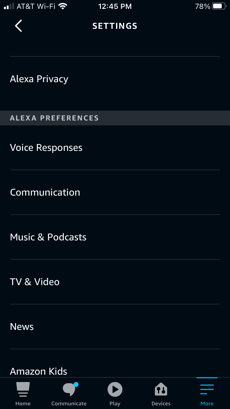 Экран настроек в приложении Alexa