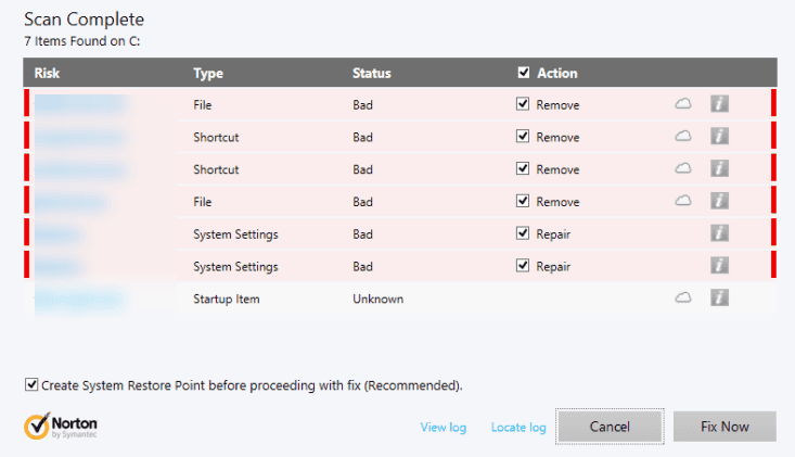 Список обнаруженных угроз в Norton Power Eraser