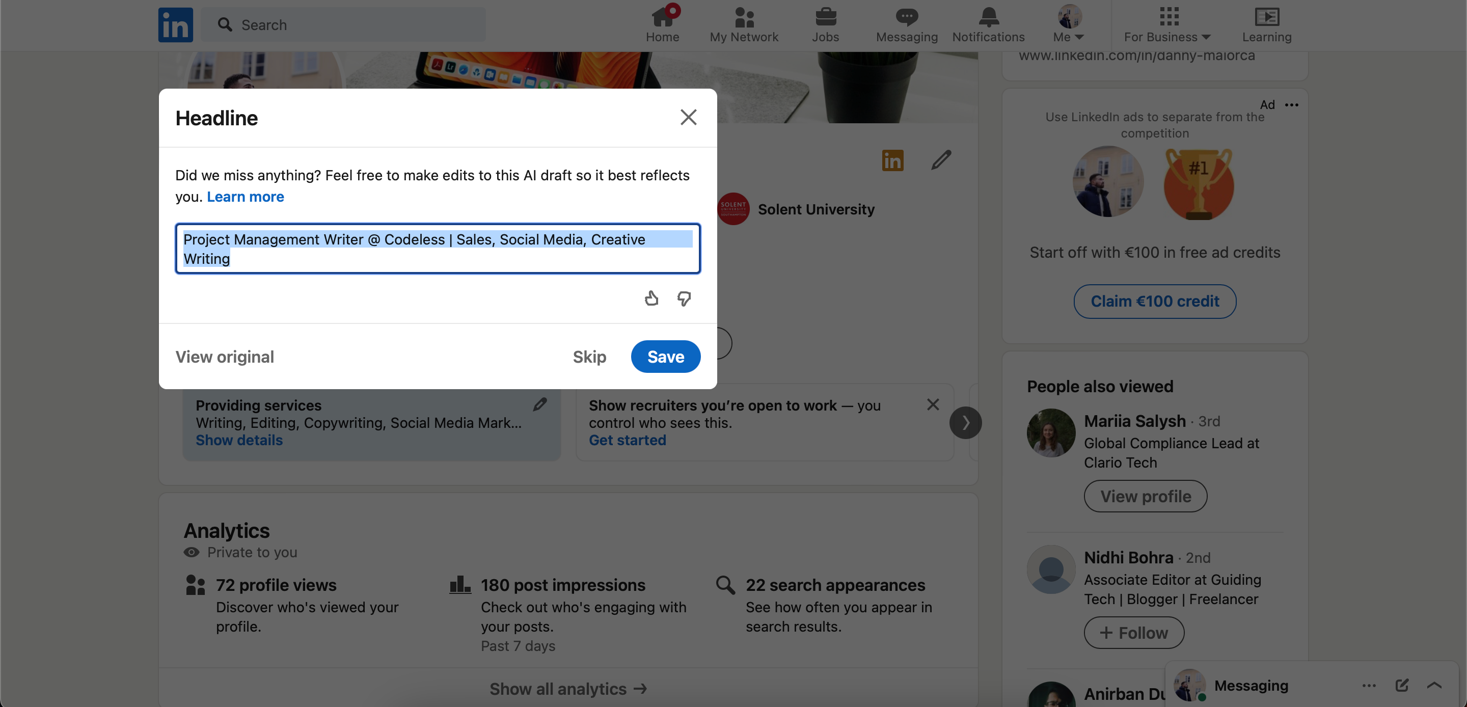 Редактирование заголовка в Profile Writing Assistant