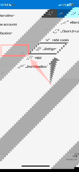 Пункт Settings в приложении Microsoft Authenticator на iOS