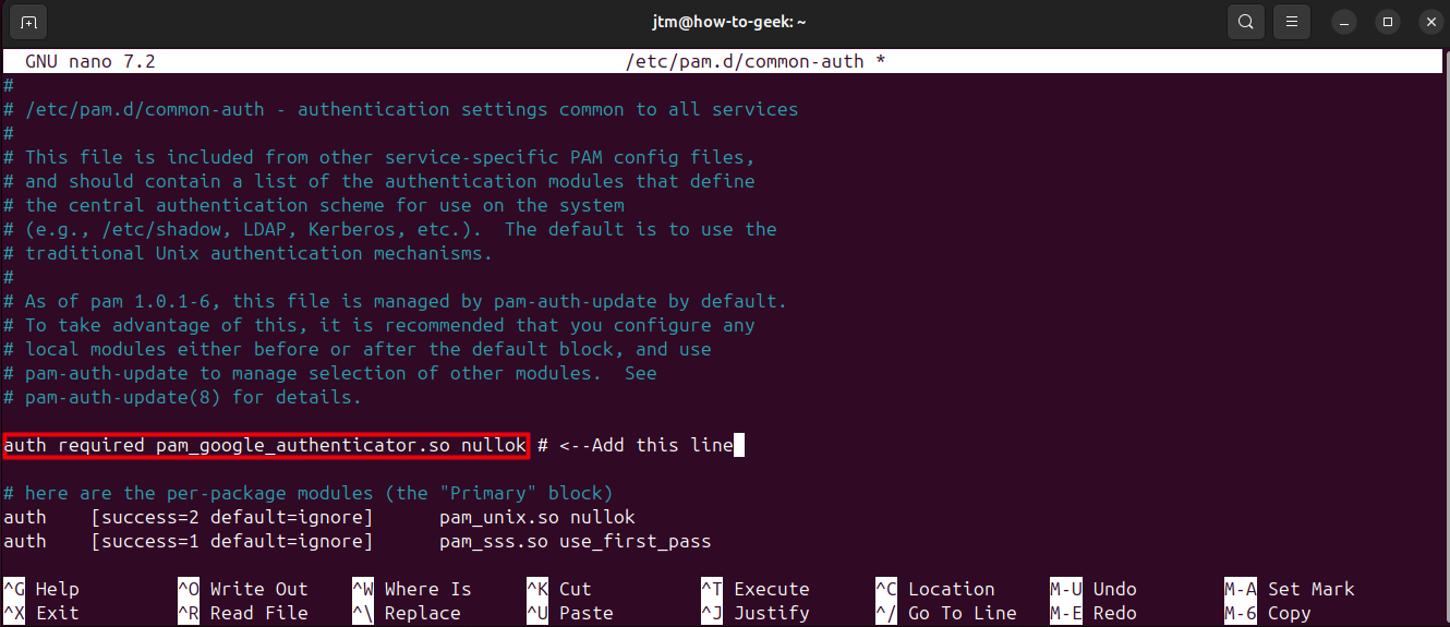 Терминал: добавление строки pam_google_authenticator.so в конфиг PAM.