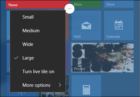 Меню дополнительных опций плитки: изменить размер, живые плитки, удалить