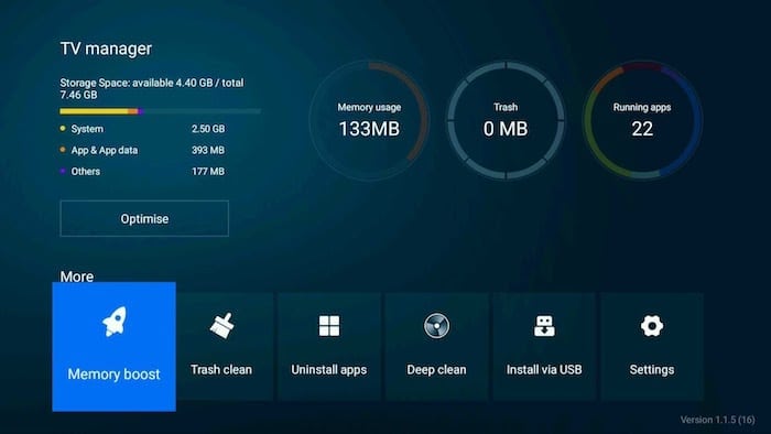 Экран TV Manager с деталями по приложениям, использованию RAM и мусору