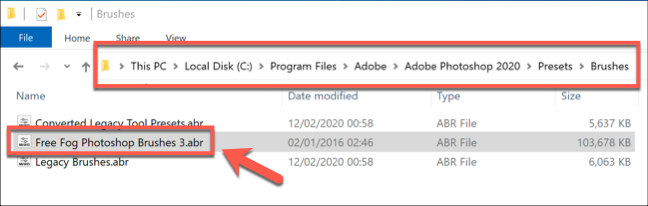 Новая кисть в папке Brushes для Adobe Photoshop в Windows