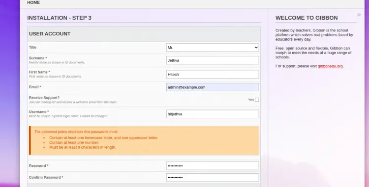 Создание учётной записи администратора Gibbon