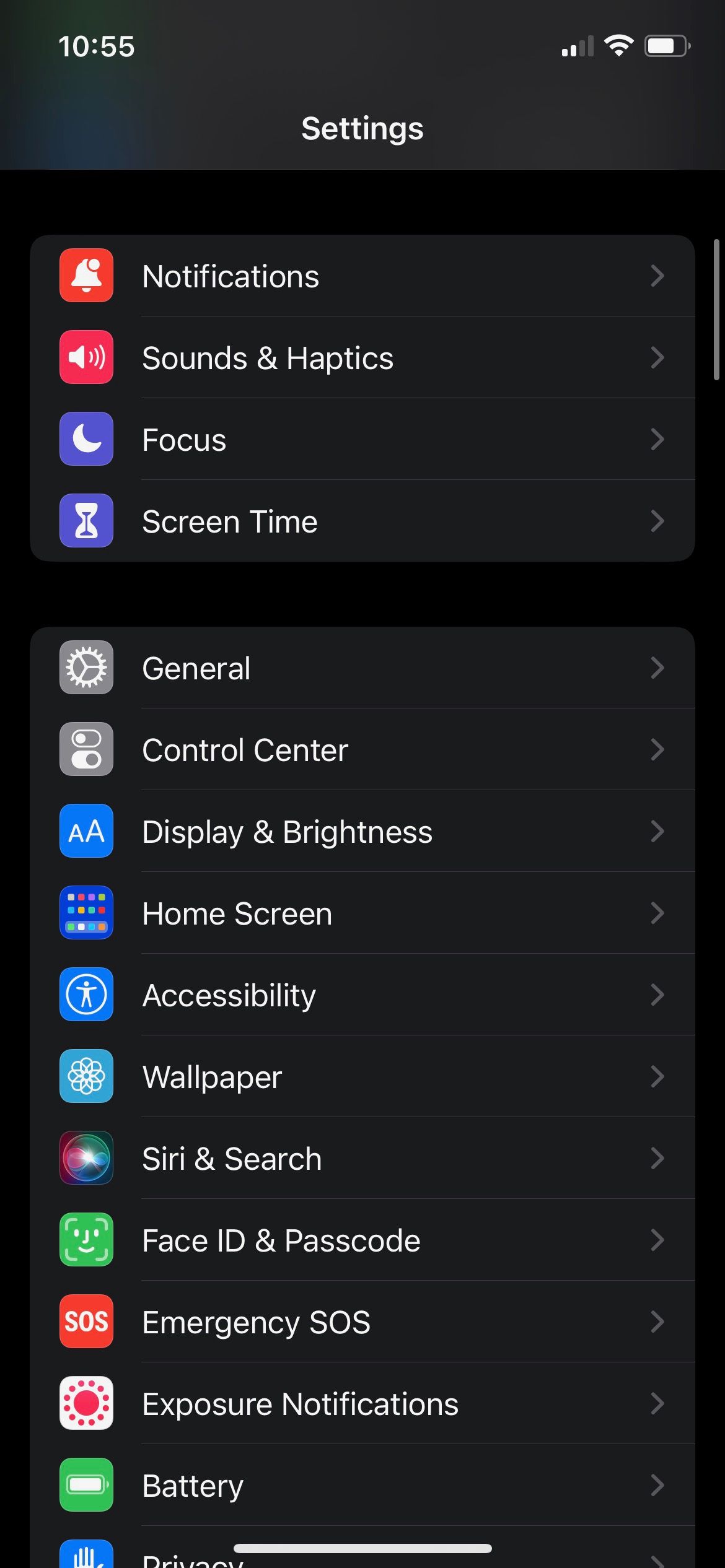 Экран настроек iPhone, раздел «Настройки»