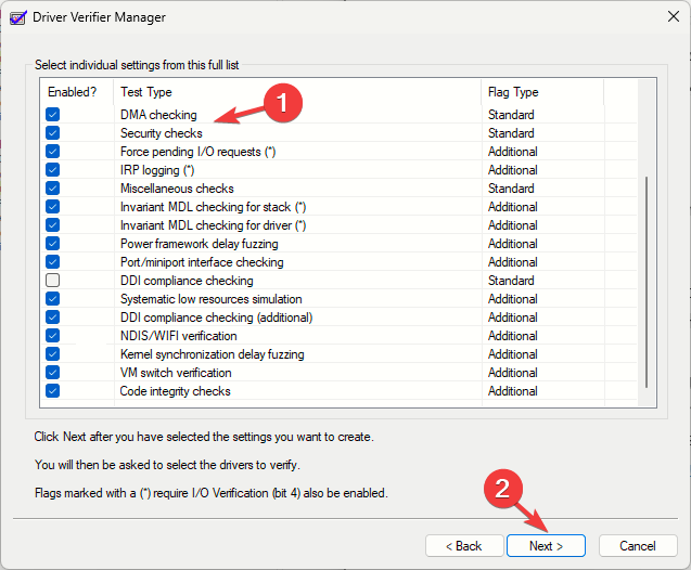 verifiergui_Next, on Select individual settings from this full list page, select all the options except DDI compliance checking and randomized low resource simulation, then click Next.