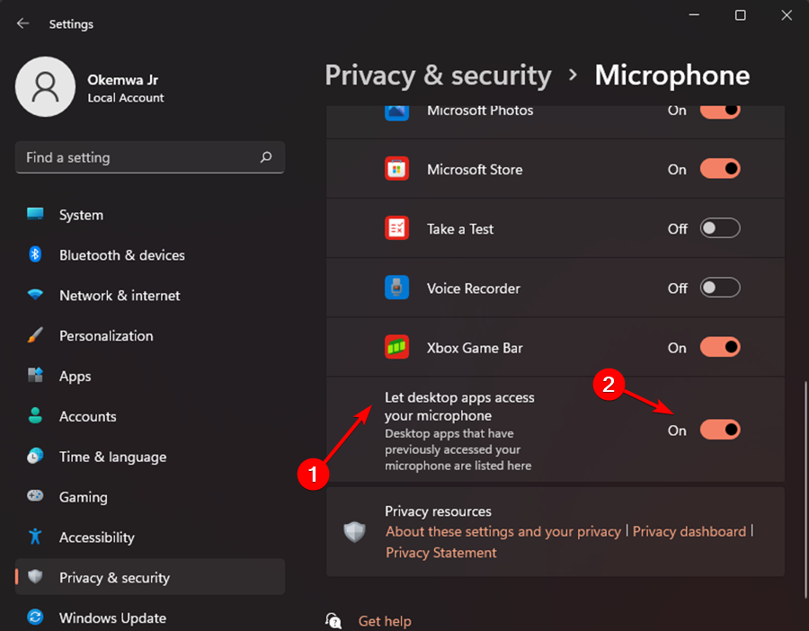 Разрешить доступ настольным приложениям