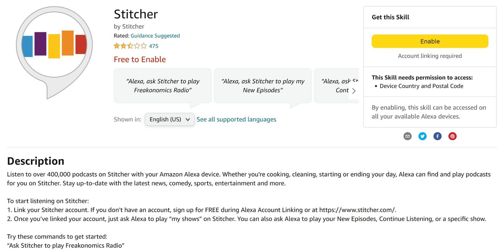 stitcher alexa skill details page