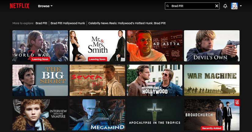 Поиск Брэда Питта на Netflix.