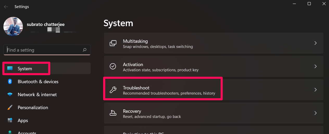 Windows — Система → Устранение неполадок